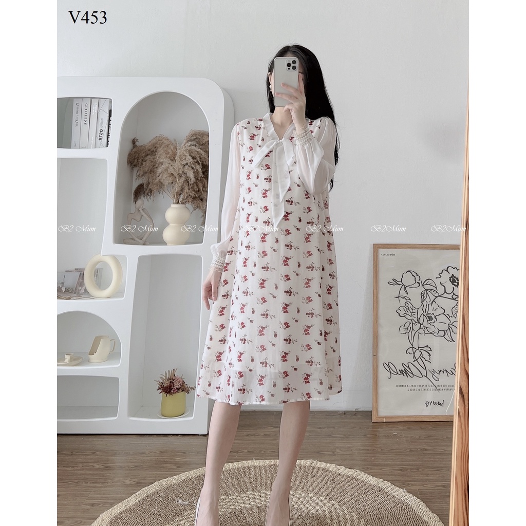 V453 Váy Bầu Thiết Kế thời trang đẹp hoa trắng nơ cổ bo tay kiểu dángCông Sở B2Mum