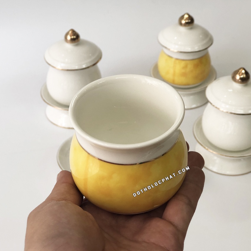 Hũ Muối Gạo  Nước Thờ Cúng Có Nắp 12cm Sứ Trắng Vàng Cao Cấp
