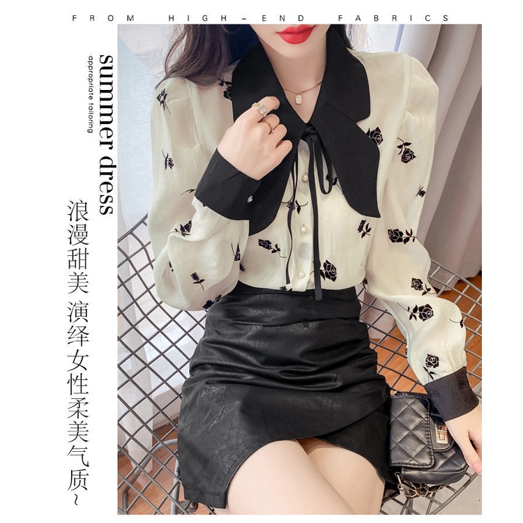 2022 autumn new bow collar Hepburn broken flower blouse feminine bubble long-sleeved chiffon bottomed shirt girl