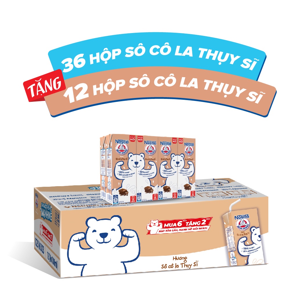 [TẶNG 12 HỘP khi mua 36 hộp] Thùng 48 hộp Sữa Nestlé Gấu Hương Sô cô la Thụy Sĩ (12 lốc x (3+1) hộp x 180ml)