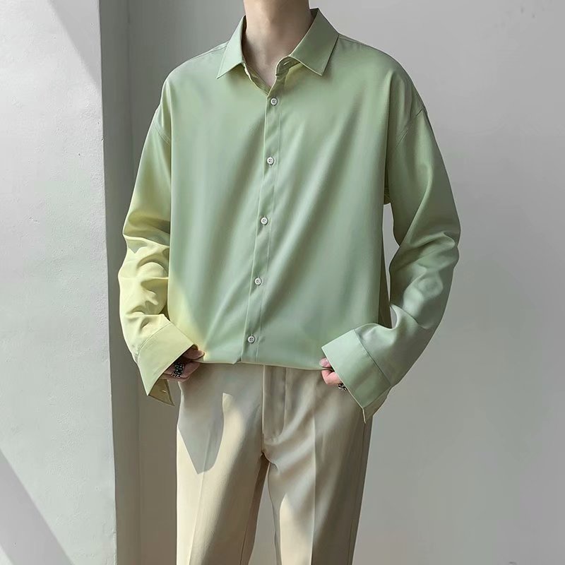 Áo Sơ Mi Trơn Tay Dài Dáng Rộng Thoáng Khí Phong Cách Hàn Quốc Thời Trang Cho Nam