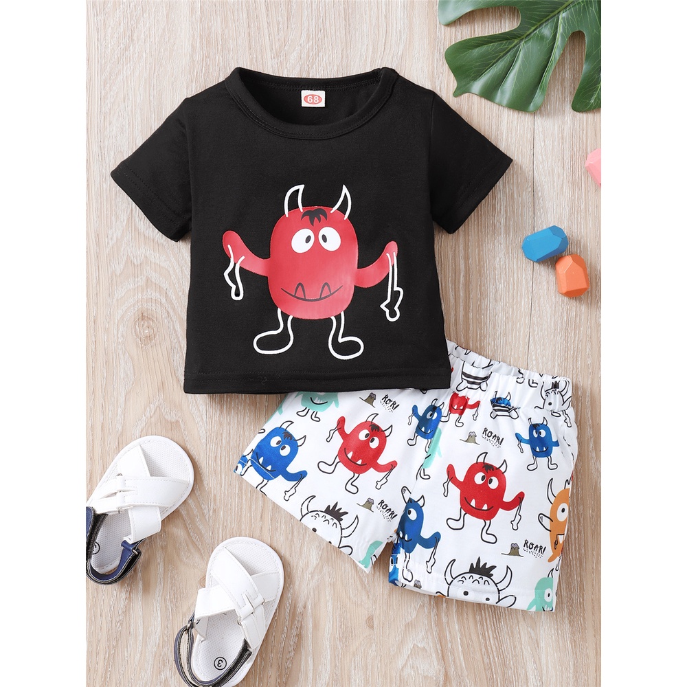 Set Đồ Mùa Hè 2 Món Gồm Áo Thun Tay Cộc + Quần Ngắn In Họa Tiết Vui Nhộn Cho Bé Trai 0-2 Tuổi