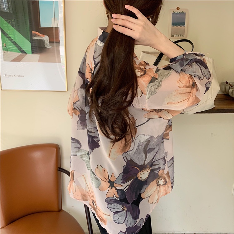 Áo Sơ Mi Chiffon Dài Tay Họa Tiết Hoa Thời Trang