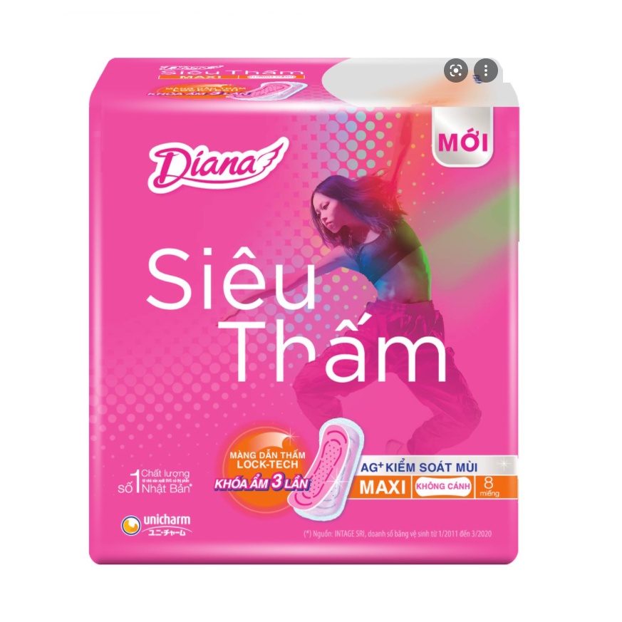 Băng vệ sinh Diana siêu thấm dày không cánh Maxi 8 miếng/gói