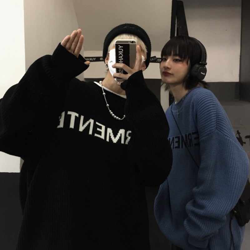 Áo Len Dệt Kim Dài Tay Áo Kiểu Hàn Quốc Dáng Rộng In Chữ Dễ Phối Đồ Hợp Thời Trang