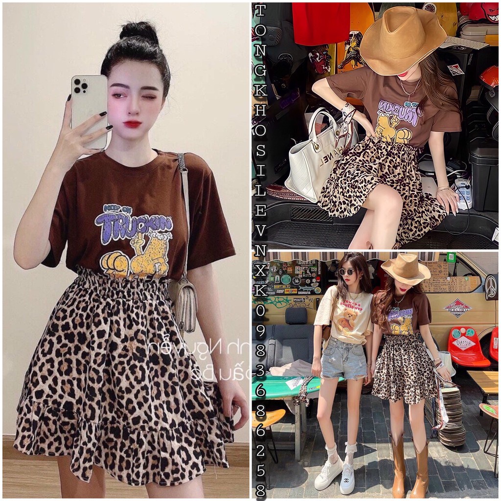 SET ÁO THUN NÂU MIX CHÂN VÁY DA BÁO - Set Váy Áo Chữ Hoạt Hình Chân Váy Xòe Họa Tiết 2 Lớp