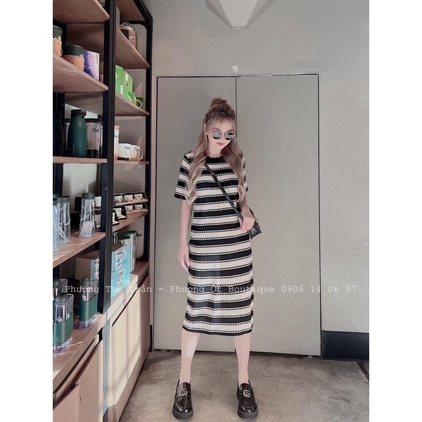 Váy len montoghi kẻ ngang dáng suông mẫu mới hàng quảng châu