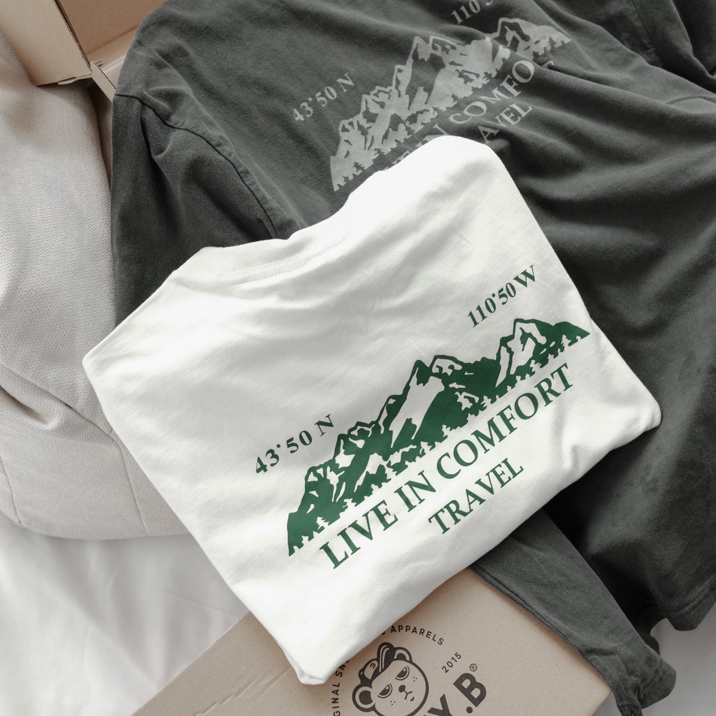 Áo Thun Tay Lỡ Travel In Chữ Live In Comfort Form Rộng Nhiều Màu Phong Cách Hàn Quốc