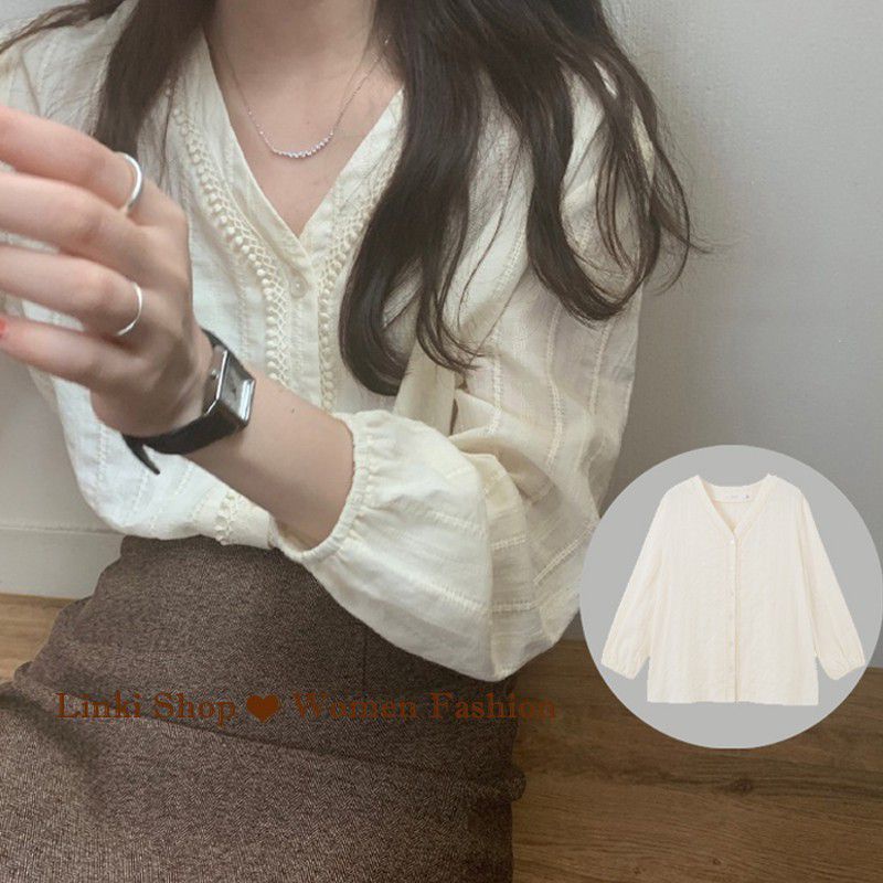 (Sẵn/Ảnh thật) Áo sơ mi cổ tim ren Ulzzang tiểu thư tay bồng