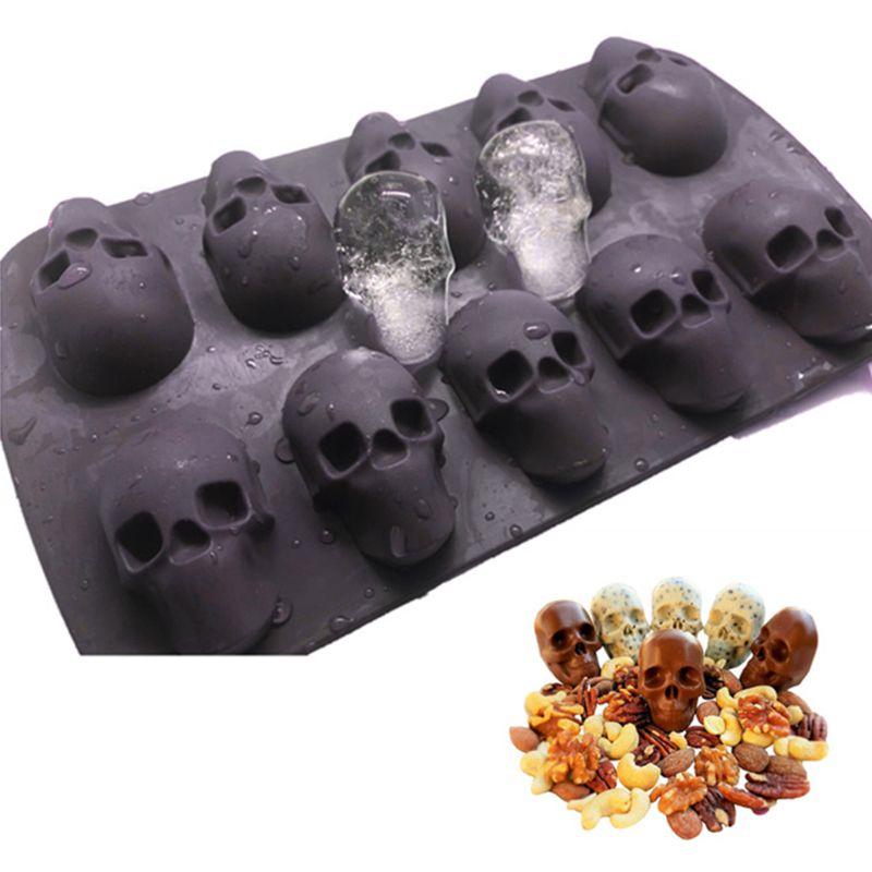 Khuôn silicone 10 ngăn tạo hình đầu lâu 3D độc đáo tiện dụng làm nước đá/ rượu/ cocktail DIY