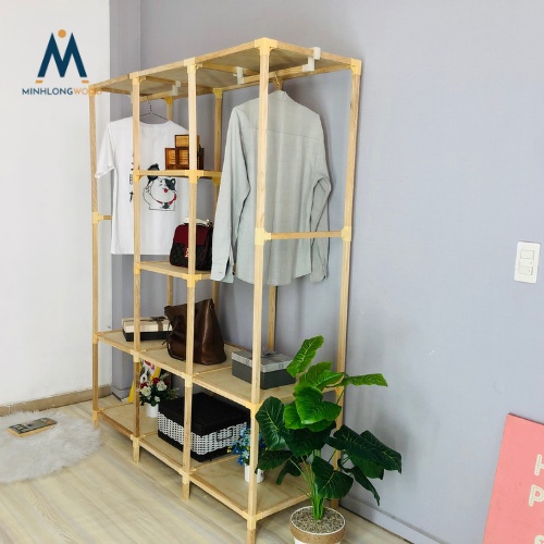 Kệ tủ treo quần áo đa năng - Minhlongwood - 2 buồng 6 ngăn - Gỗ thông vải dù