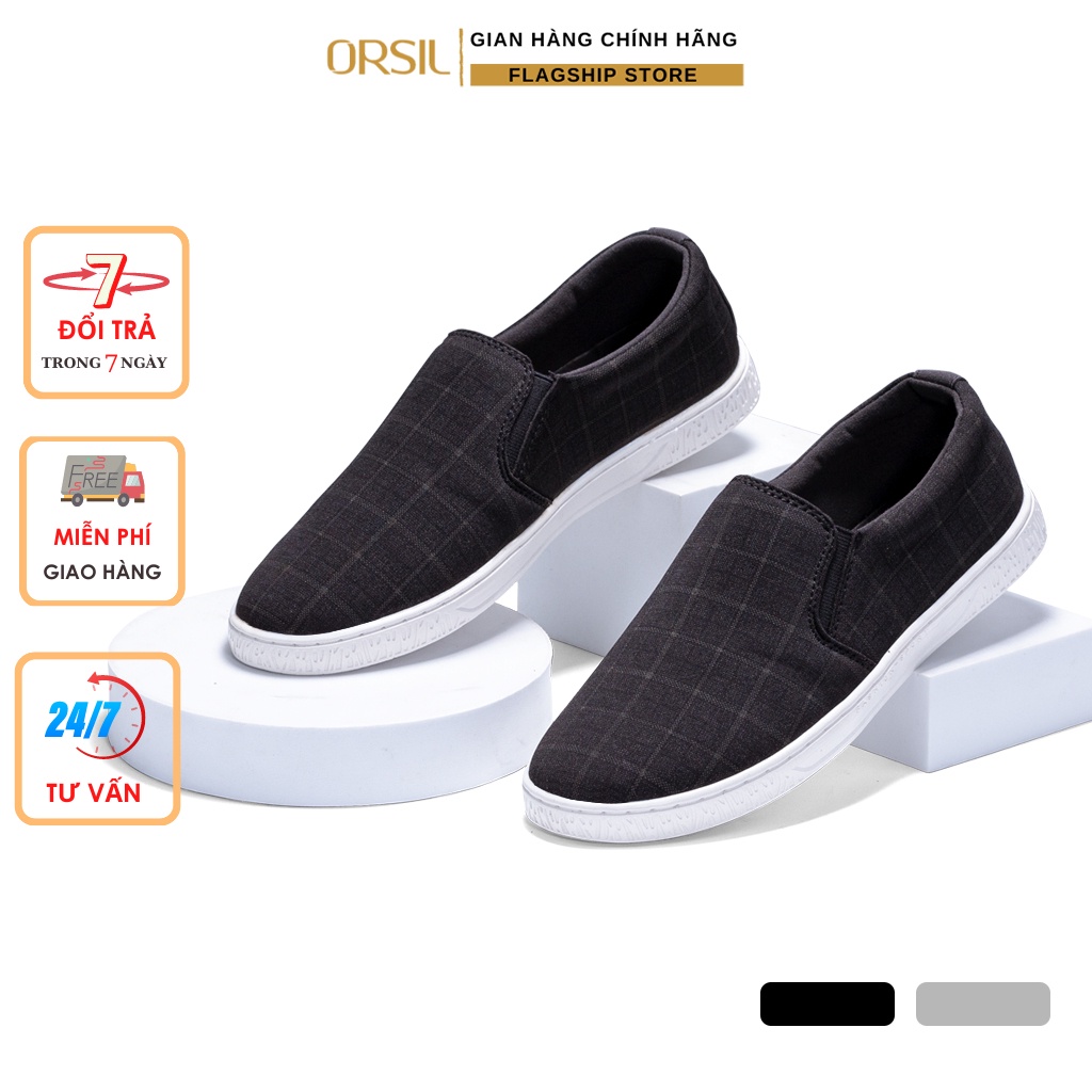 Giày lười vải nam ORSIL vải jean họa tiết caro đen mã HGL01