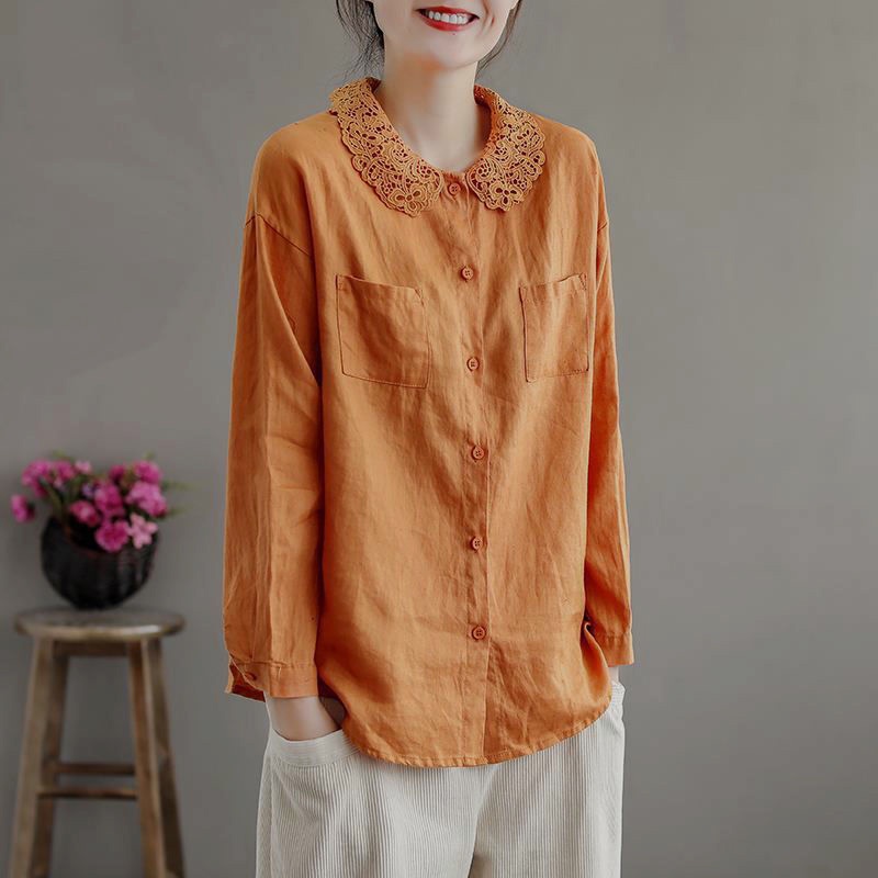 Ice lace lapel collar blouse cotton linen long-sleeved shirt Italian export tailor cut label female clearance