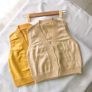 Áo Gile Nữ Len, Tanktop Ulzzang Hàn Quốc, Áo Khoác Form Rộng Không Tay Có Nút (Be & Vàng)