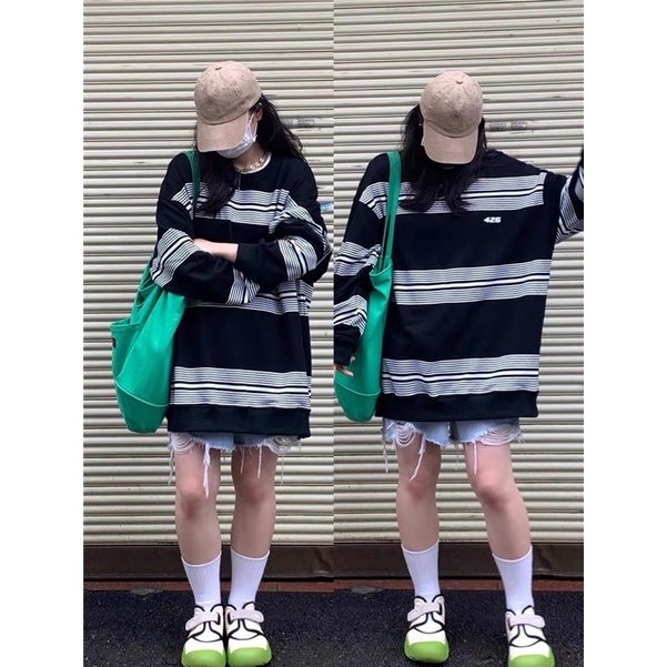 ÁO SWEATER SỌC NGANG XANH LÁ ĐEN CHẤT COTTON FORM OVERSIZE