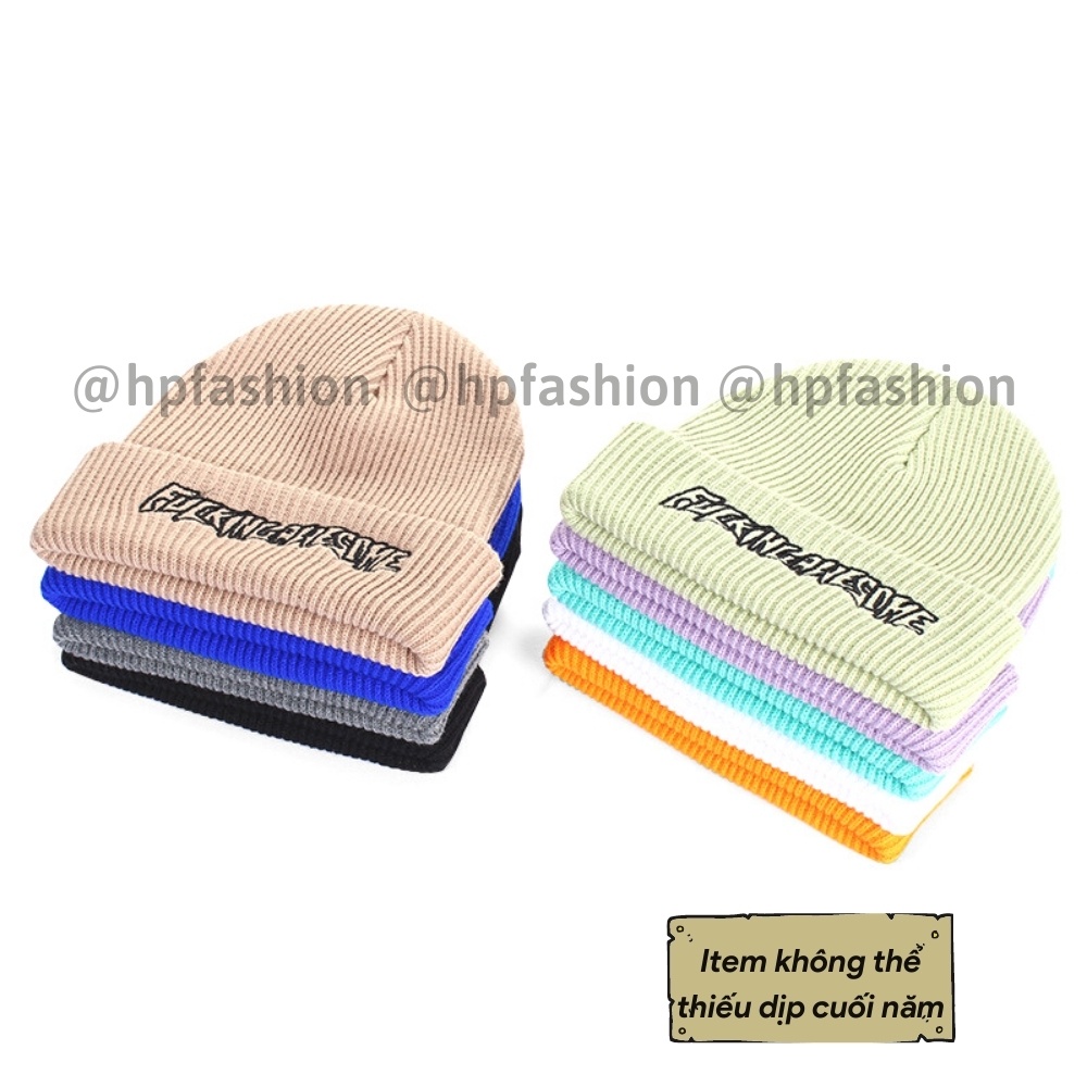 Mũ len dệt kim beanie Thêu FULKI Hàn Quốc thời trang unisex thu đông giữ ấm cho nam nữ