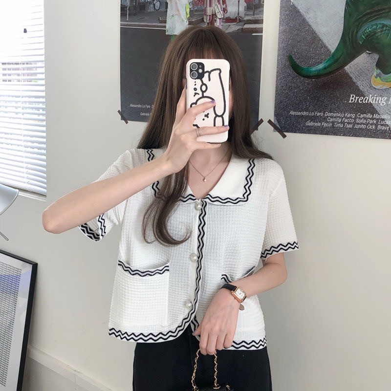 Áo Cardigan Dệt Kim Mỏng Tay Ngắn Cổ Búp Bê Kiểu Pháp Thời Trang Mùa Hè Hàng Mới Dành Cho Bạn Nữ
