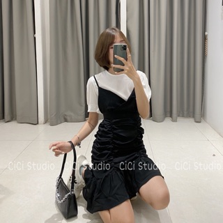 Set váy nhún Ulzzang chất liệu vải cát k nhăn - ảnh thật