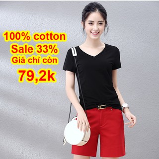 Áo thun nữ tay ngắn cổ V Medi, áo phông trơn chất liệu cotton cổ tim màu sắc đen trắng vàng hồng ghi