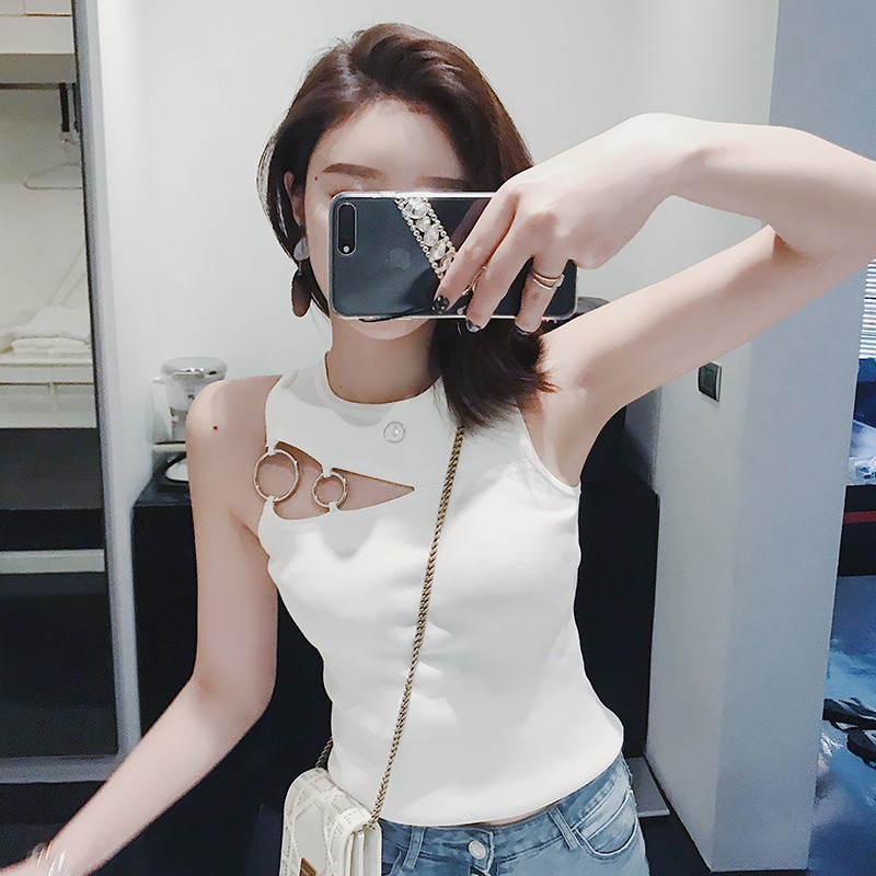 Áo ba lỗ ôm dáng cổ tròn vải dệt kim phong cách Hàn Quốc