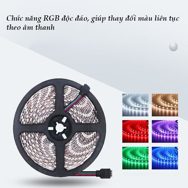 Cuộn dây Led dán đổi 7 màu RGB 5 mét Chống nước- Phủ Silicon- Remote 44 phím chức năng