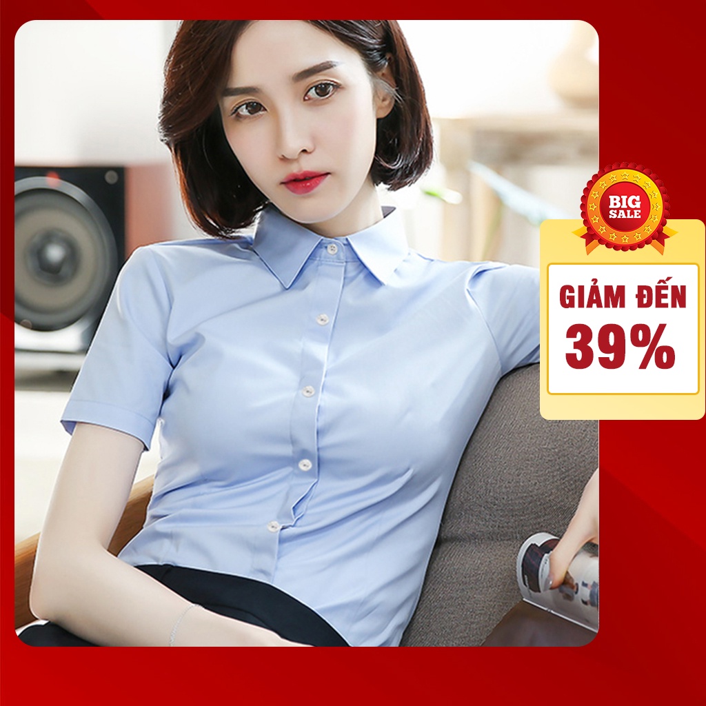 Áo sơ mi nữ công sở màu xanh nhạt theo phong cách sơ mi tay ngắn nữ Hàn Quốc vải lụa trơn mềm mịn, không nhăn, không xù