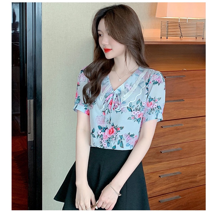 Áo Sơ Mi Chiffon Tay Ngắn Cổ Búp Bê In Họa Tiết Hoa Thời Trang Mùa Hè Kiểu Mới Cho
