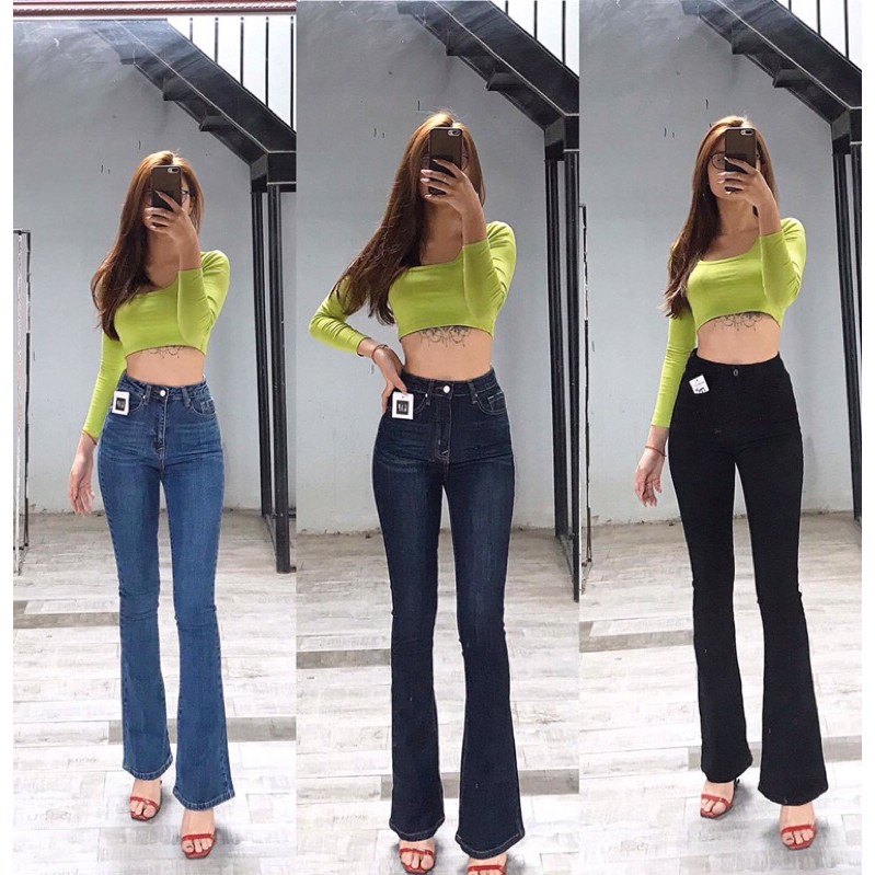 Quần jeans nữ loe đen dáng dài