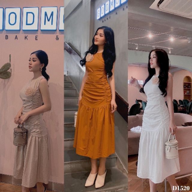 Đầm maxi nhún 3 màu kèm hoa