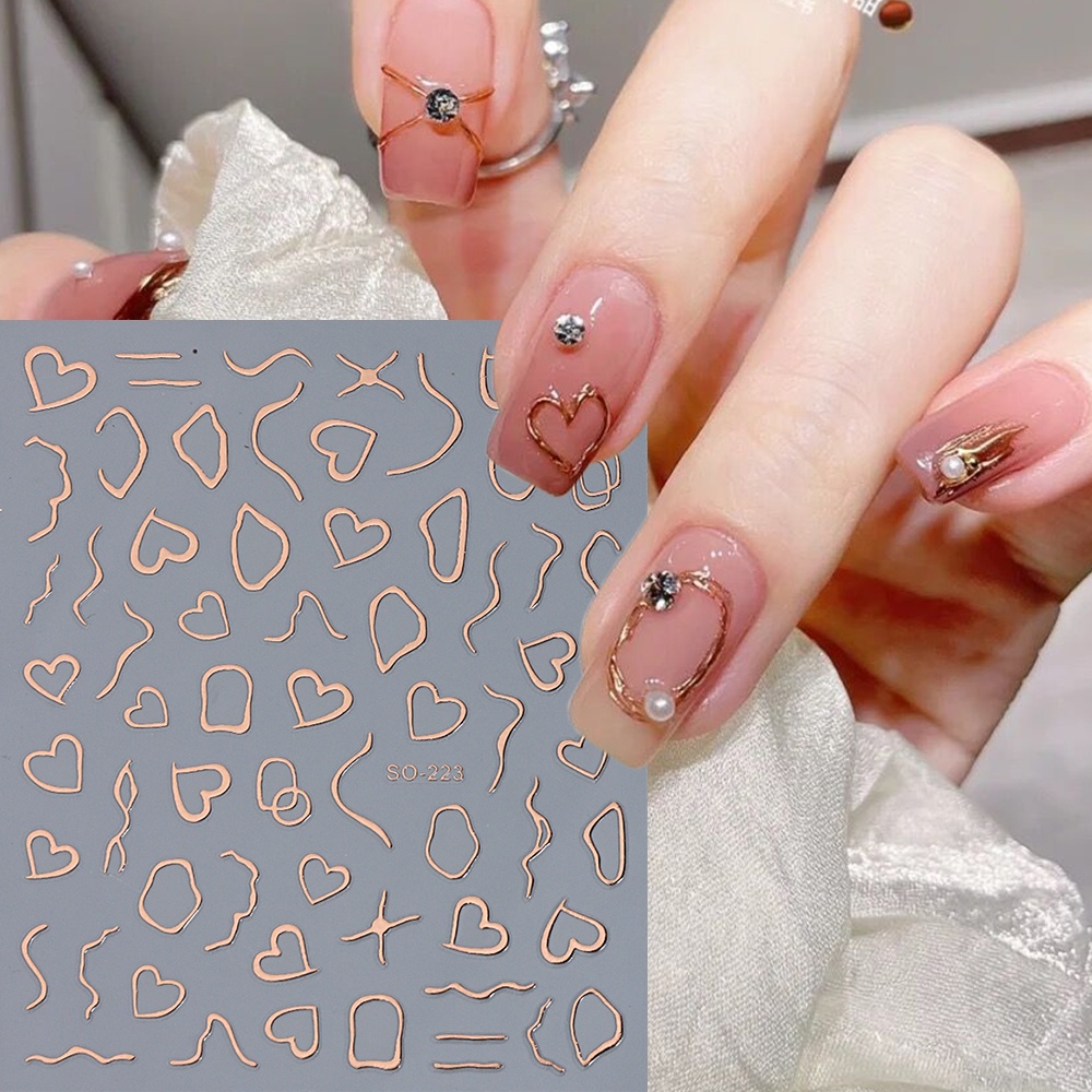 Miếng Dán Trang Trí Móng Tay 3D Hình Trái Tim / Kẻ Sọc Màu Vàng Kim