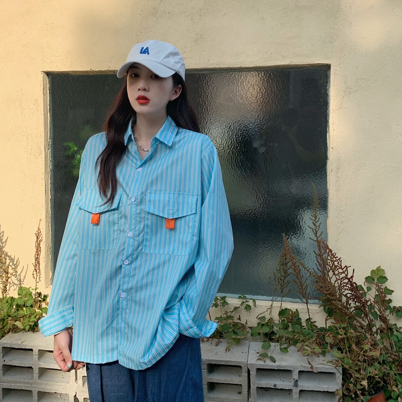 SUXI Áo Sơ Mi Nữ Dài Tay Dáng Rộng Kẻ Sọc Kiểu Retro Mới