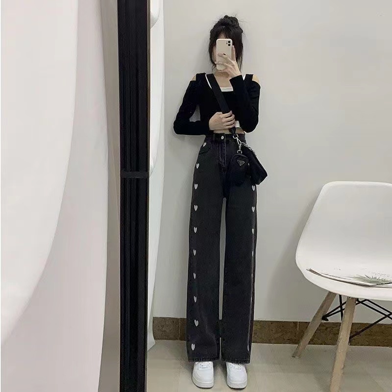 Quần Jeans Nữ Lưng Cao Ống Rộng In Hình Trái Tim Thời Trang Hàn Quốc