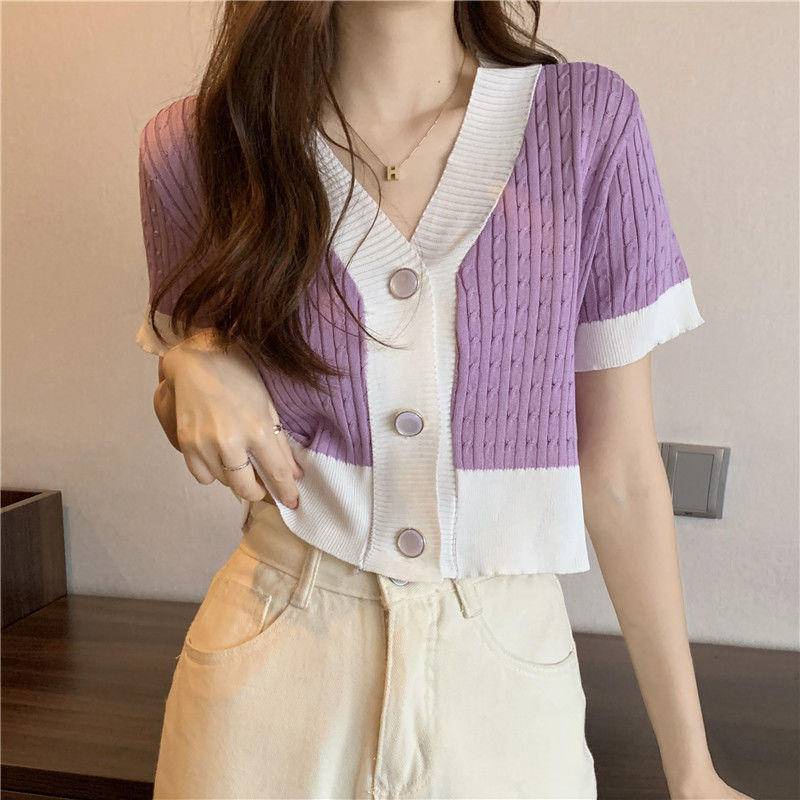 Áo Thun Dệt Kim Cổ Chữ v Tay Ngắn Dáng Rộng Thời Trang Mùa Hè Màu Sắc Tương Phản Phong Cách Hàn Quốc Dành Cho Nữ 2022