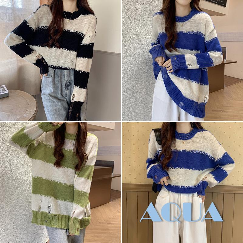 Áo Sweater Dệt Kim Tay Dài Cổ Tròn Màu Sắc Tương Phản Thời Trang Cho Nữ