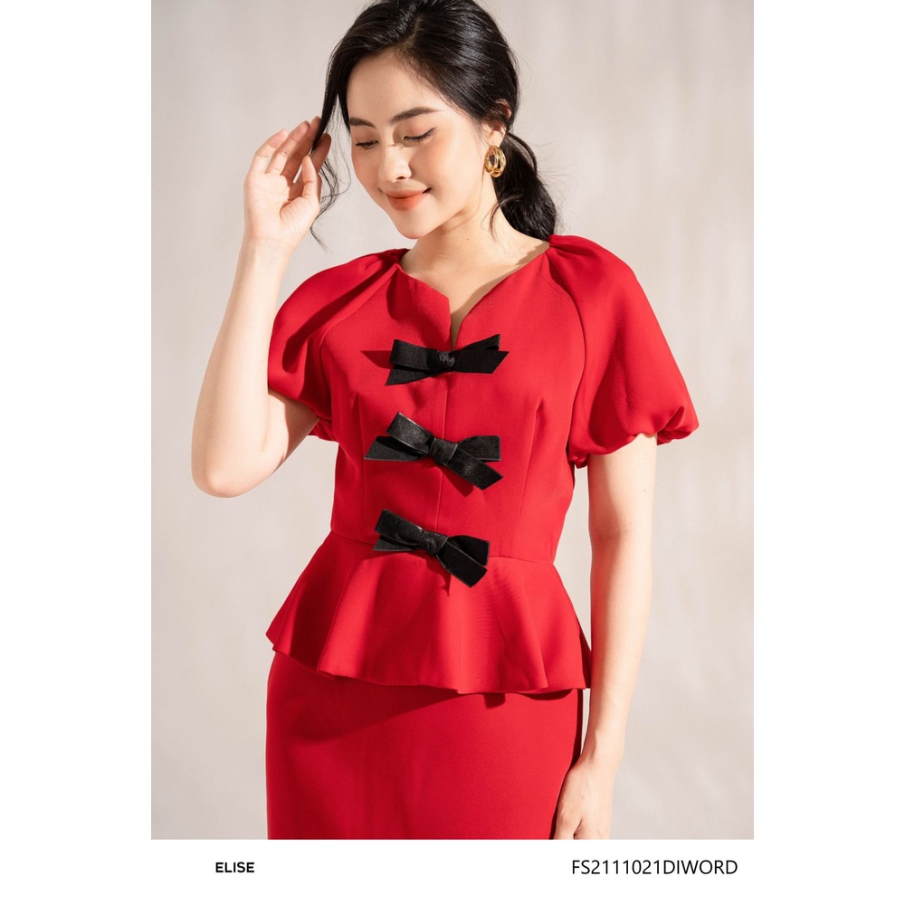 Đầm đỏ tay phồng đính nơ thiết kế Elise FS2111021DIWORD