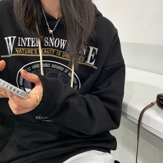 Áo Hoodie Tay Dài Form Rộng Họa Tiết In Theo Phong Cách Preppy Dễ Phối Đồ