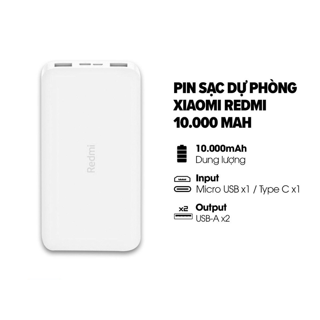 - Pin Dự Phòng Xiaomi Redmi POWER BANK 10000mAh - Sạc Dự Phòng Chính Hãng - Bảo Hành 12 tháng