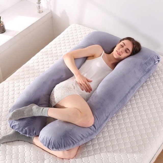 Gối bầu chữ u, gối ôm bà bầu MỊN KIDS, chất liệu vải nhung mềm mịn giúp mẹ thư giãn giảm đau lưng
