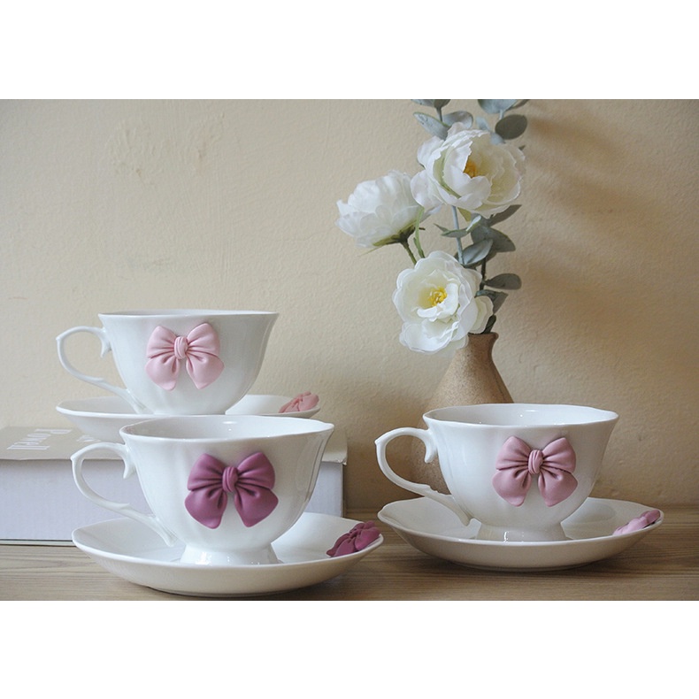 Bộ Tách Uống Trà/Cà Phê Bằng Gốm Sứ Họa Tiết Hoa Và Nơ Phong Cách Bắc Âu