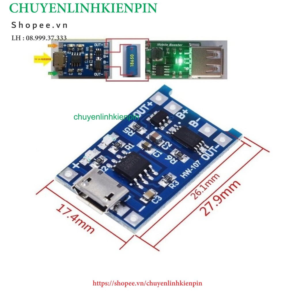 Mạch Sạc Pin TP4056 1A Micro V2- IC Bảo Vệ Quá Dòng- Quá Áp ( BL64_49 )