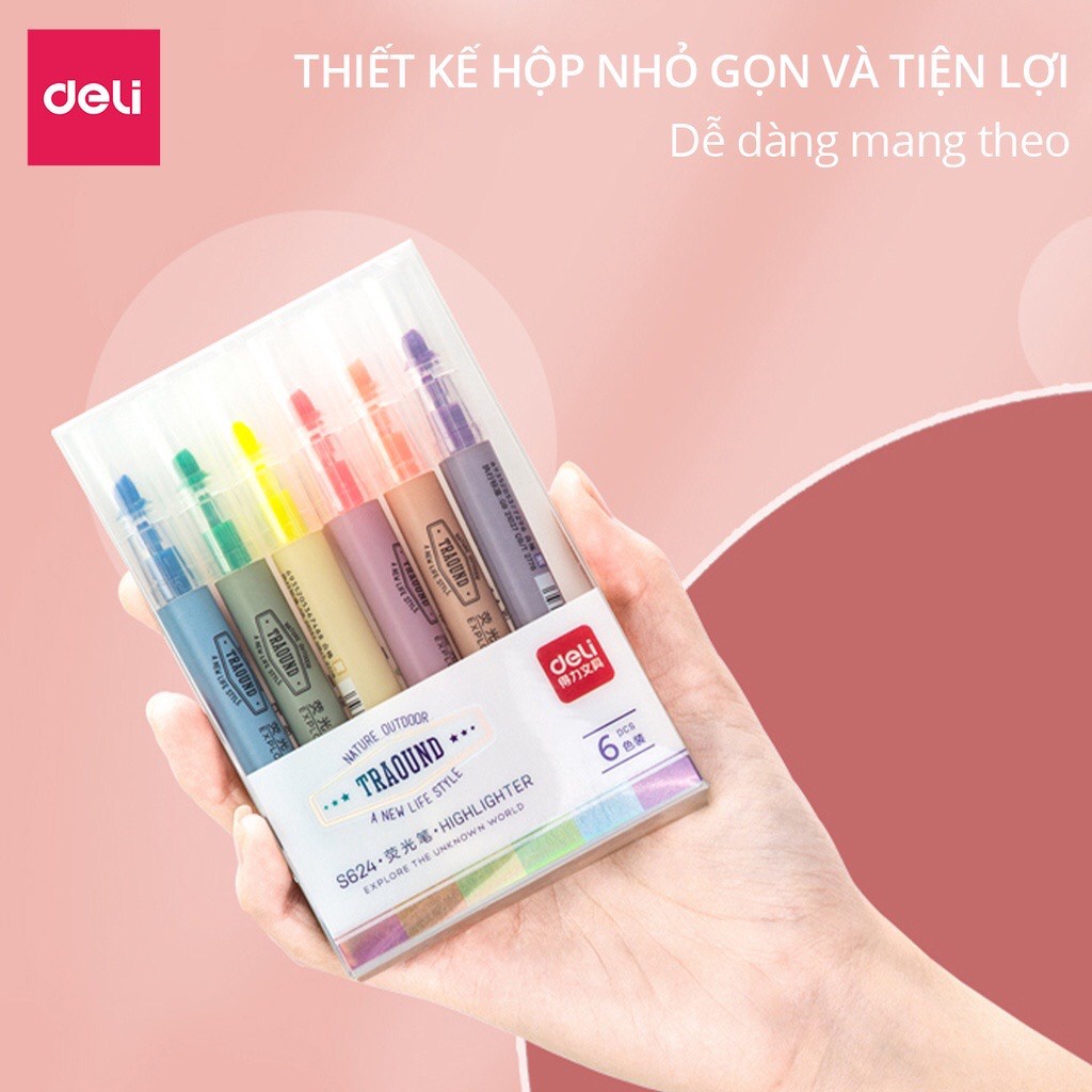 Bút highlight dạ quang dấu dòng 1 set / 6 cái Deli cao cấp - Bút highlight đánh dấu cute - MIYABI STOTE