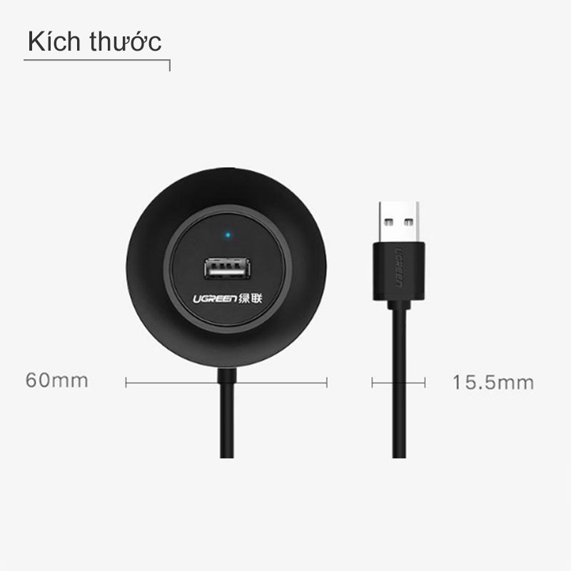 HUB chia USB 2.0 4 cổng có hỗ trợ nguồn ngoài DC in 5V - Cáp dài 1 mét UGREEN 20277 (màu đen)