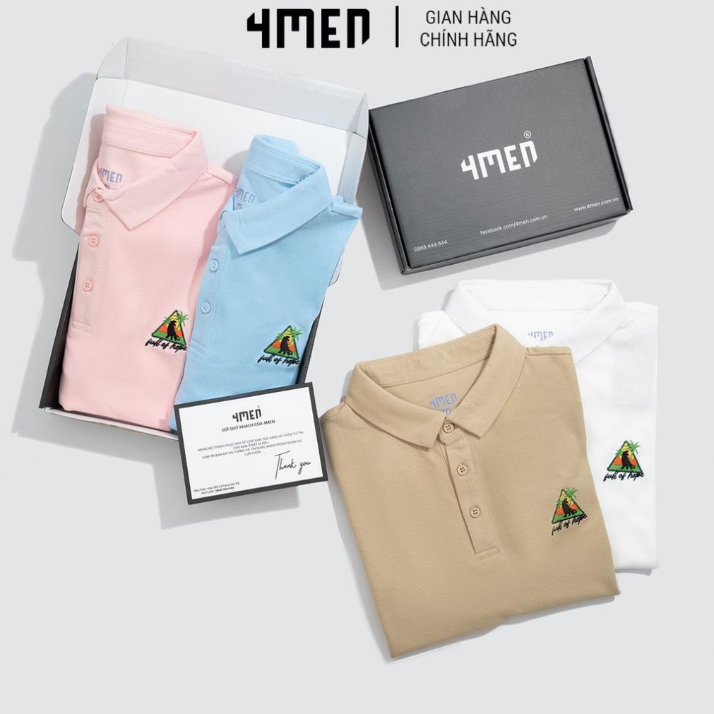 Áo thun polo nam thêu họa tiết icon 4MEN PO037, có cổ trụ, vải cá sấu cotton nhiều màu đẹp phong cách trẻ trung .