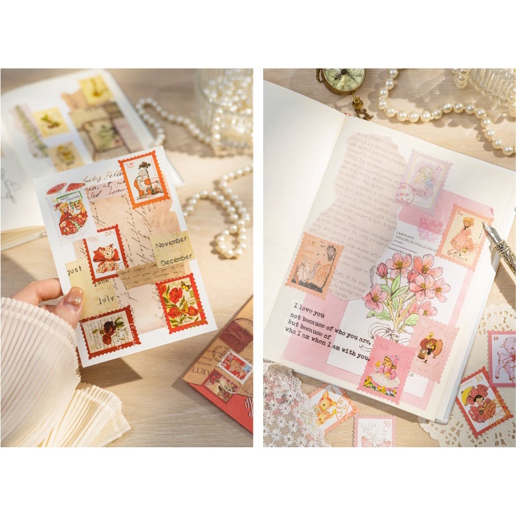 Enjoymore Set 46 Miếng Dán Hình Tem Vintage + Bìa Thư Cổ Điển Trang Trí Sổ Bullet Journal Hình Dán Sticker Nhãn Retro