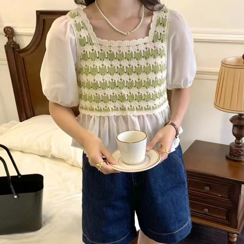 Brroa Áo Sơ Mi Chiffon Tay Lửng Thêu Họa Tiết Khối Màu Thời Trang Mùa Hè Cho Nữ