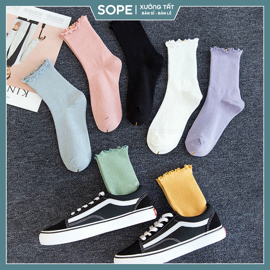 Tất vớ cổ cao nhún bèo phong cách Vintage chất liệu vải Hàn co giãn bốn chiều - Sope shop