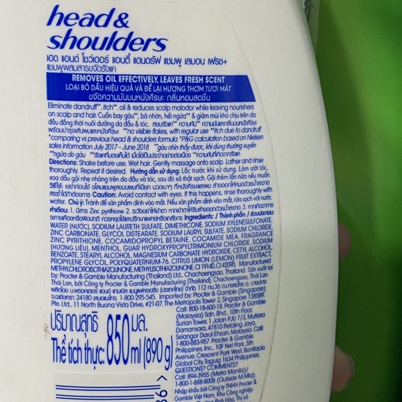 Dầu gội sạch gàu Head &amp; Shoulders hương chanh tươi mát 850ml