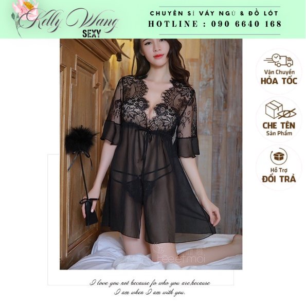 Q11.HCM -[Sx258] Áo choàng voan lụa phối ren sexy - tặng kèm 1 bộ chip lọt khe- KELLY WANG