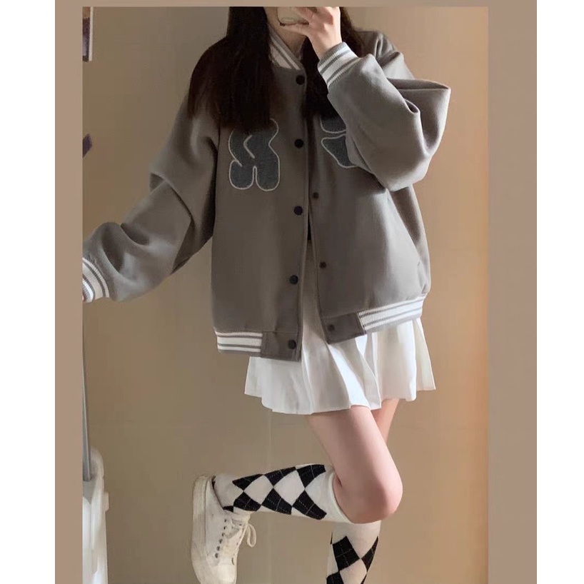 Áo khoác nữ bóng chày màu trơn thêu họa tiết vintage cho nam và khuôn viên phong cách Hàn Quốc Jacket Unisex khoác nỉ	bomber jackets