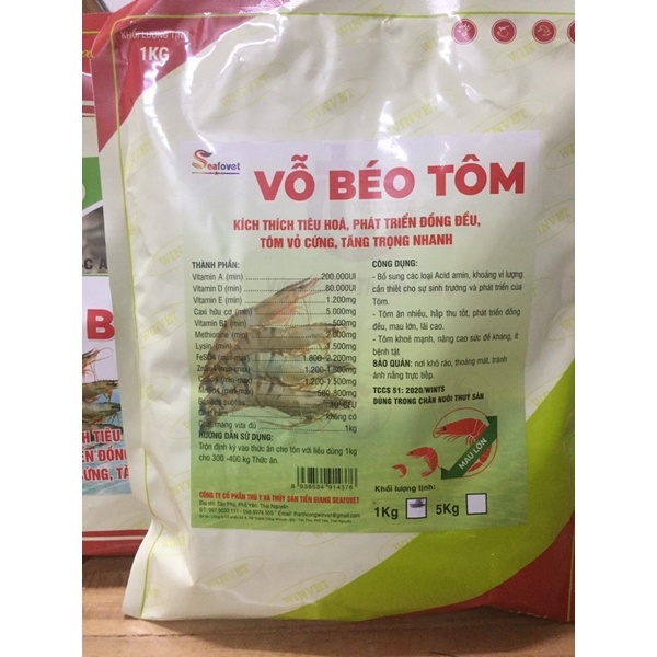 Vỗ béo Tôm gói 1kg. Tăng cân nhanh, kích thích bắt mồi, vỏ tôm nhanh cứng sau lột